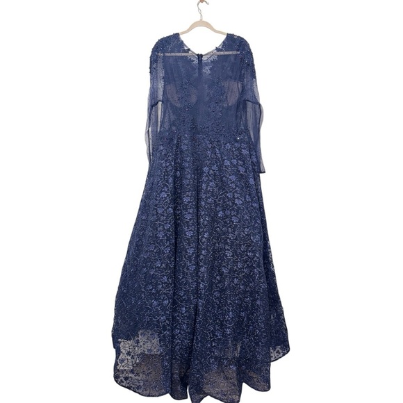 NWT $798 Mac Duggal Sheer Bodice Embroidered Illusion Maxi Dress Gown Navy Sz 16 - Picture 10 of 17